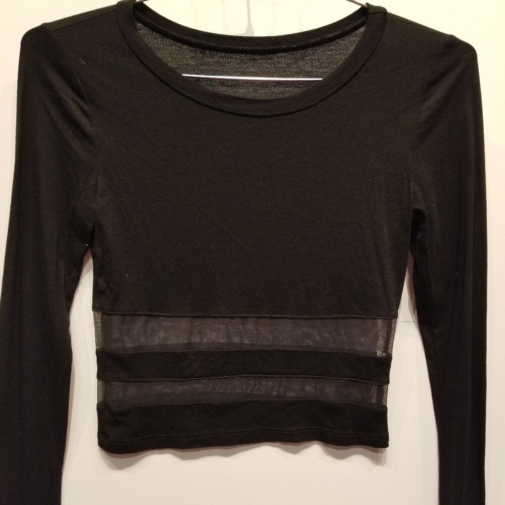Black See Tru Midriff Polyester Long Sleeve Top Lightweight RoundNeck Women Sz S